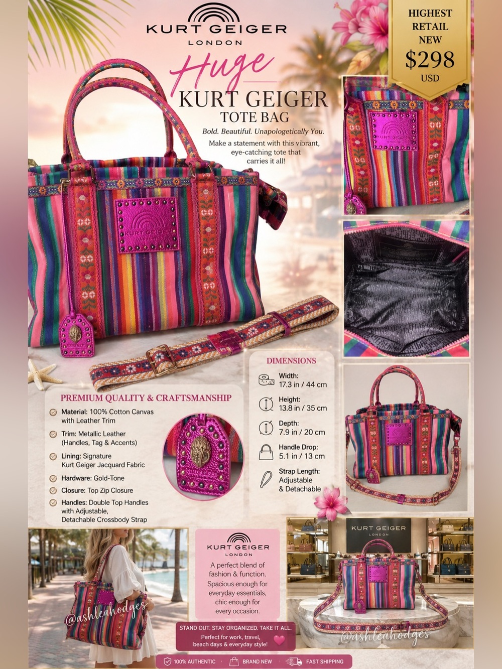 Kurt Geiger Multicolor Striped Tote with Pink Leather Accents - Picture 3 of 3